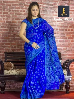 Royal blue handwoven resham and matka silk jamdani saree – GoCoop